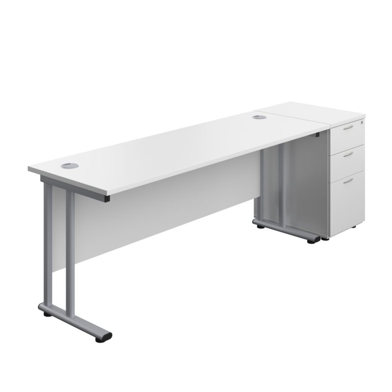 Twin Upright Rectangular Desk + Desk High 3 Drawer Pedestal | 1800X600 | White/Silver