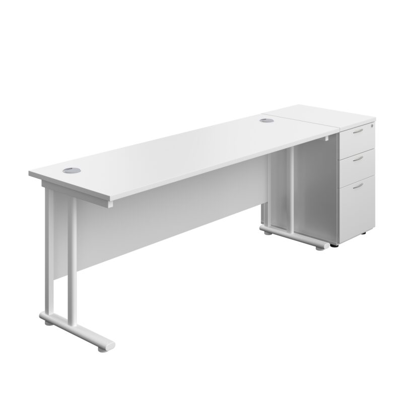 Twin Upright Rectangular Desk + Desk High 3 Drawer Pedestal | 1800X600 | White/White