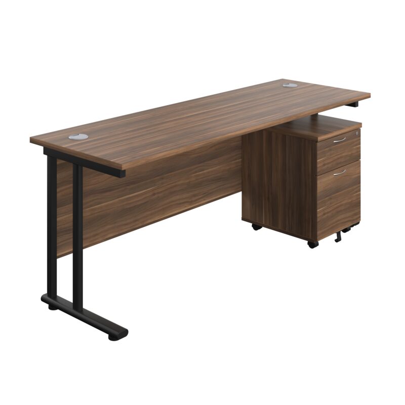 Twin Upright Rectangular Desk + Mobile 2 Drawer Pedestal | 1800X600 | Dark Walnut/Black