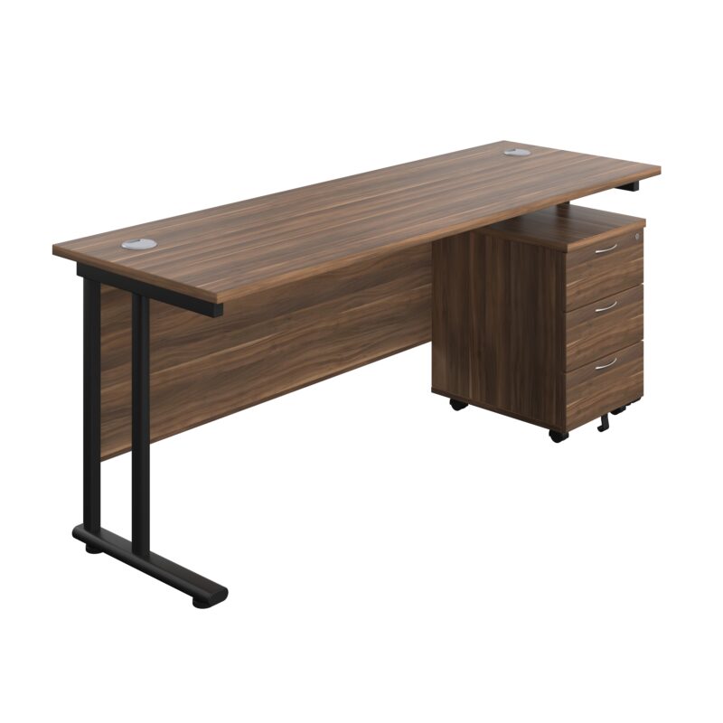 Twin Upright Rectangular Desk + Mobile 3 Drawer Pedestal | 1800X600 | Dark Walnut/Black