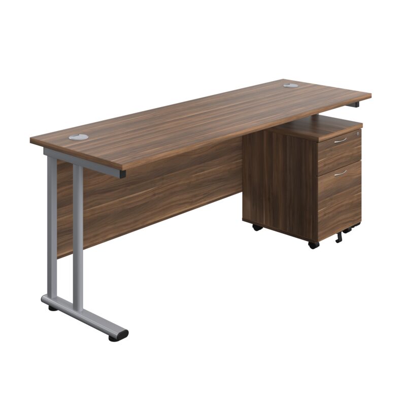 Twin Upright Rectangular Desk + Mobile 2 Drawer Pedestal | 1800X600 | Dark Walnut/Silver