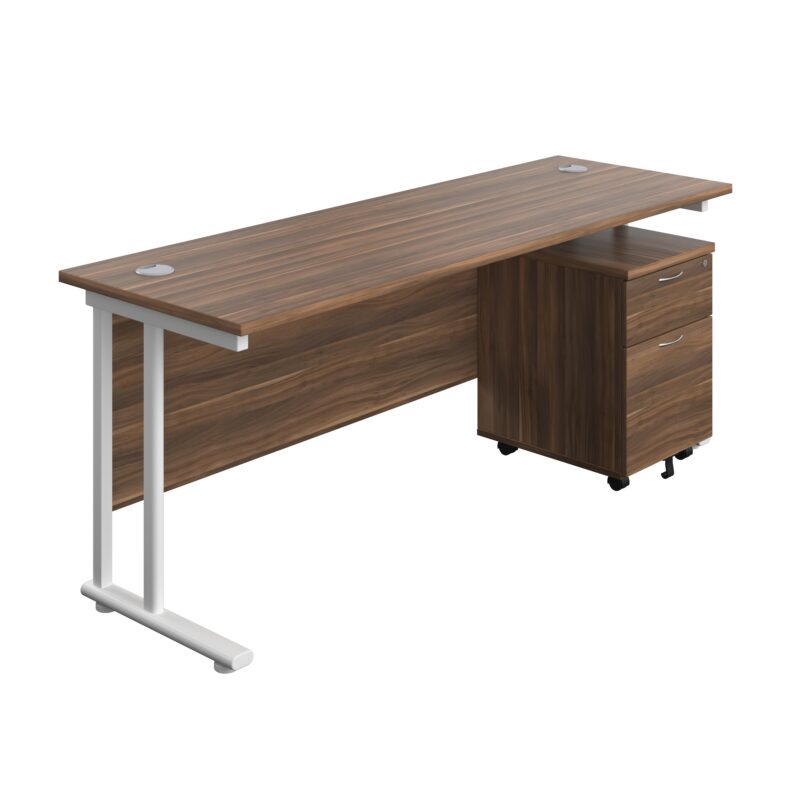 Twin Upright Rectangular Desk + Mobile 2 Drawer Pedestal | 1800X600 | Dark Walnut/White