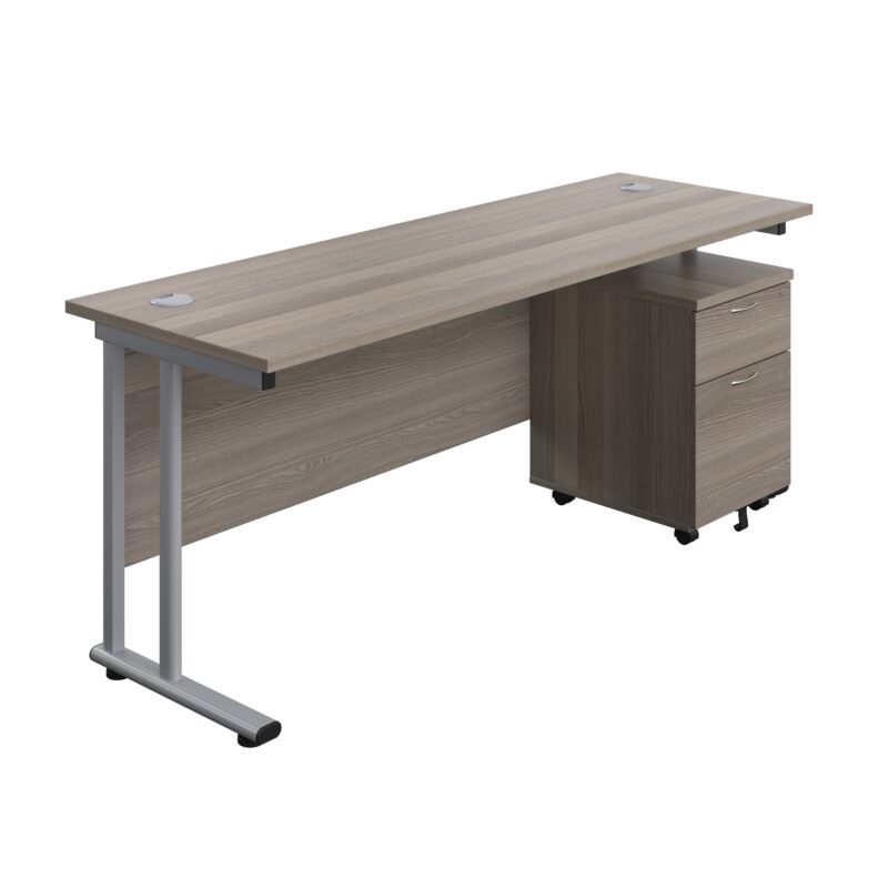 Twin Upright Rectangular Desk + Mobile 2 Drawer Pedestal | 1800X600 | Grey Oak/Silver