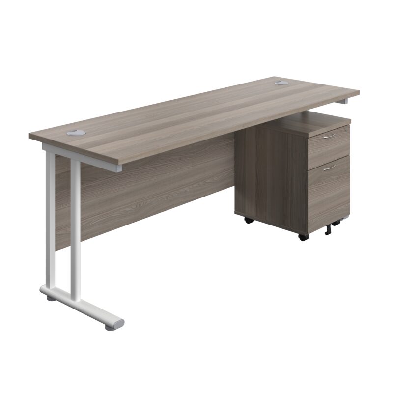 Twin Upright Rectangular Desk + Mobile 2 Drawer Pedestal | 1800X600 | Grey Oak/White