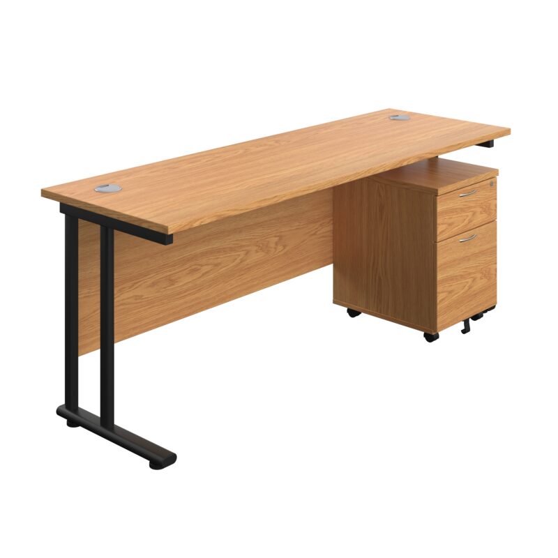 Twin Upright Rectangular Desk + Mobile 2 Drawer Pedestal | 1800X600 | Nova Oak/Black