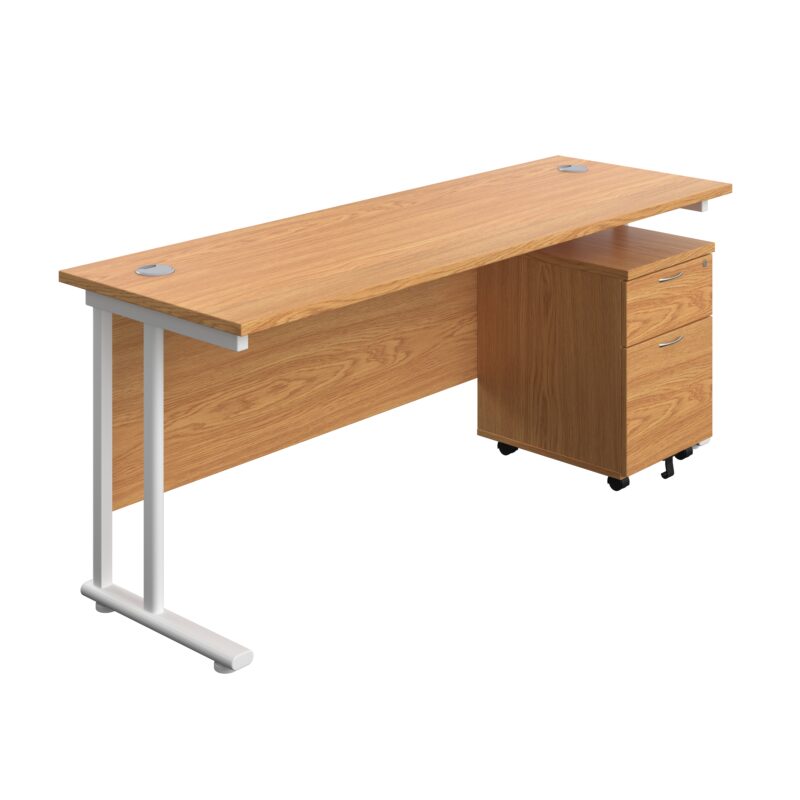 Twin Upright Rectangular Desk + Mobile 2 Drawer Pedestal | 1800X600 | Nova Oak/White