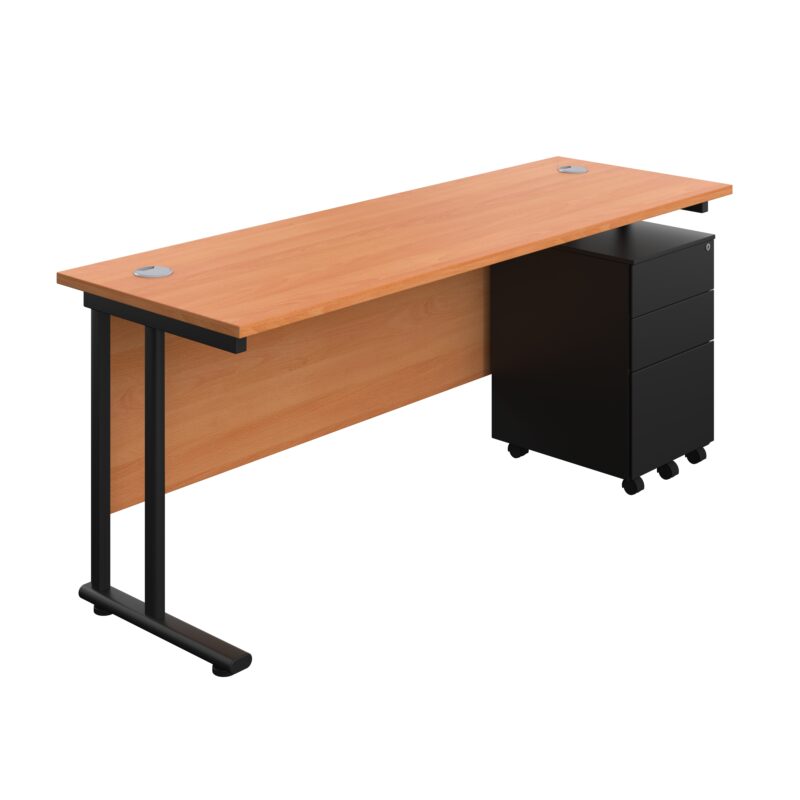 Twin Upright Rectangular Desk + Under Desk Steel Pedestal 3 Drawers | 1800X600 | Beech/Black