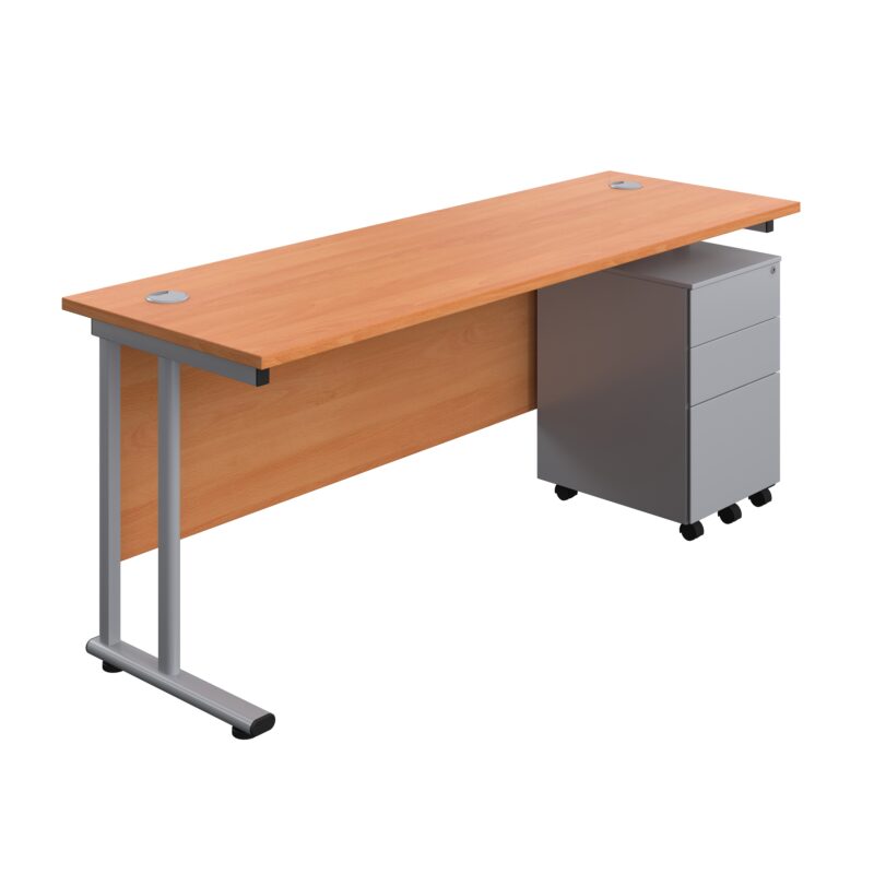 Twin Upright Rectangular Desk + Under Desk Steel Pedestal 3 Drawers | 1800X600 | Beech/Silver