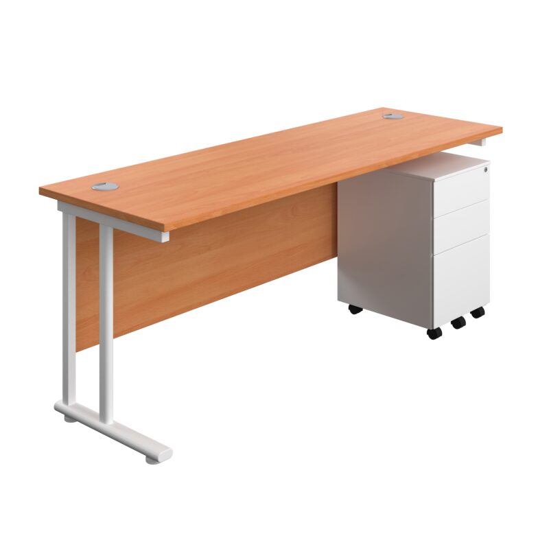 Twin Upright Rectangular Desk + Under Desk Steel Pedestal 3 Drawers | 1800X600 | Beech/White