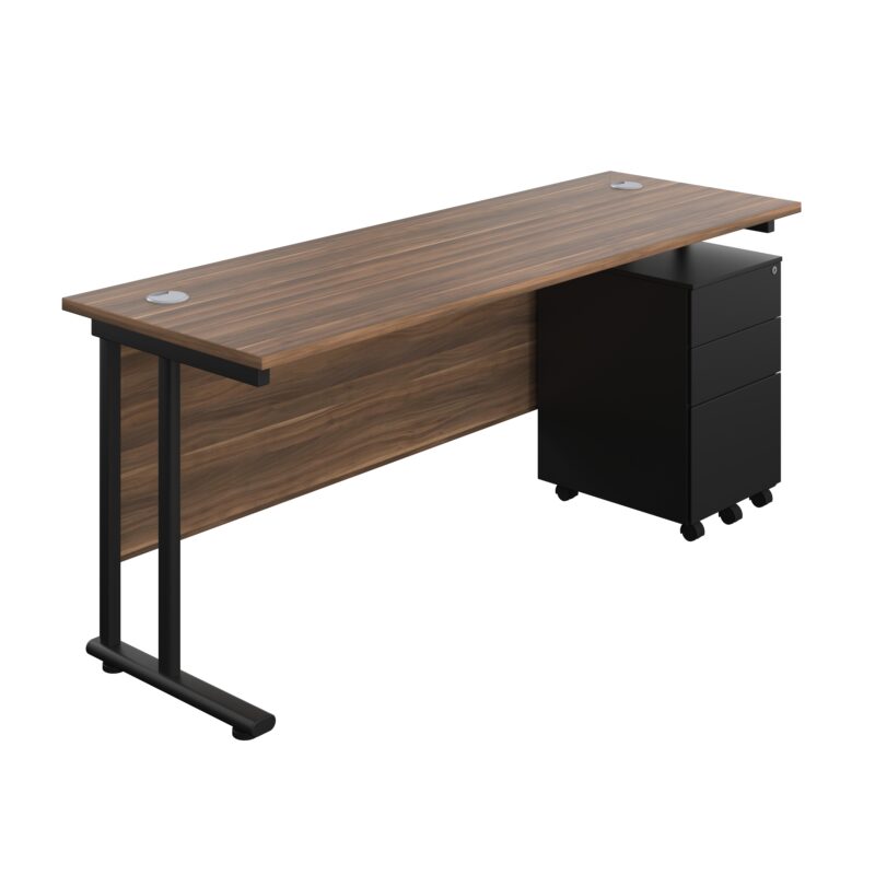 Twin Upright Rectangular Desk + Under Desk Steel Pedestal 3 Drawers | 1800X600 | Dark Walnut/Black