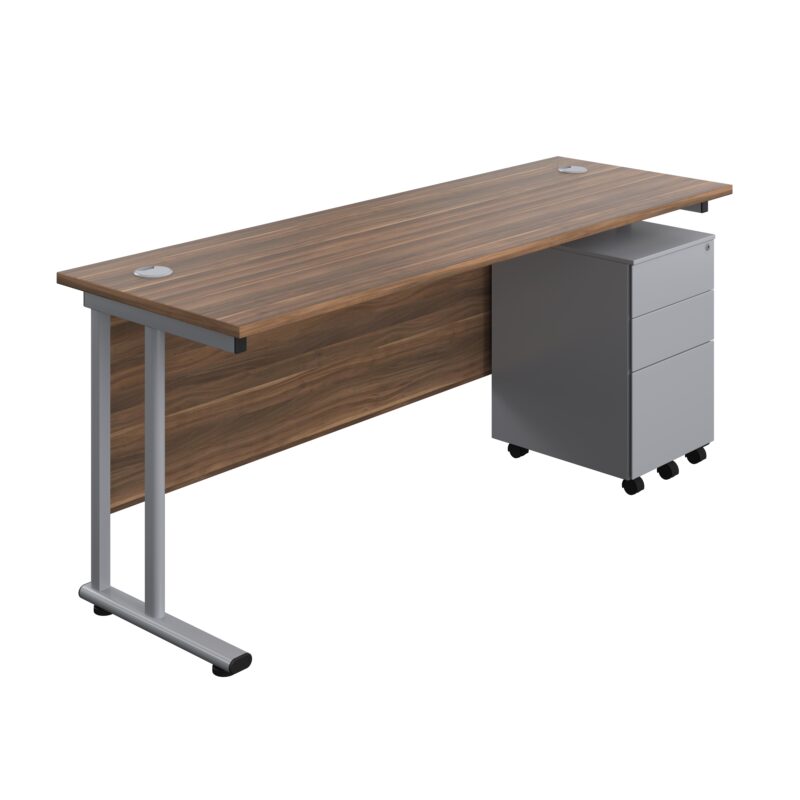 Twin Upright Rectangular Desk + Under Desk Steel Pedestal 3 Drawers | 1800X600 | Dark Walnut/Silver