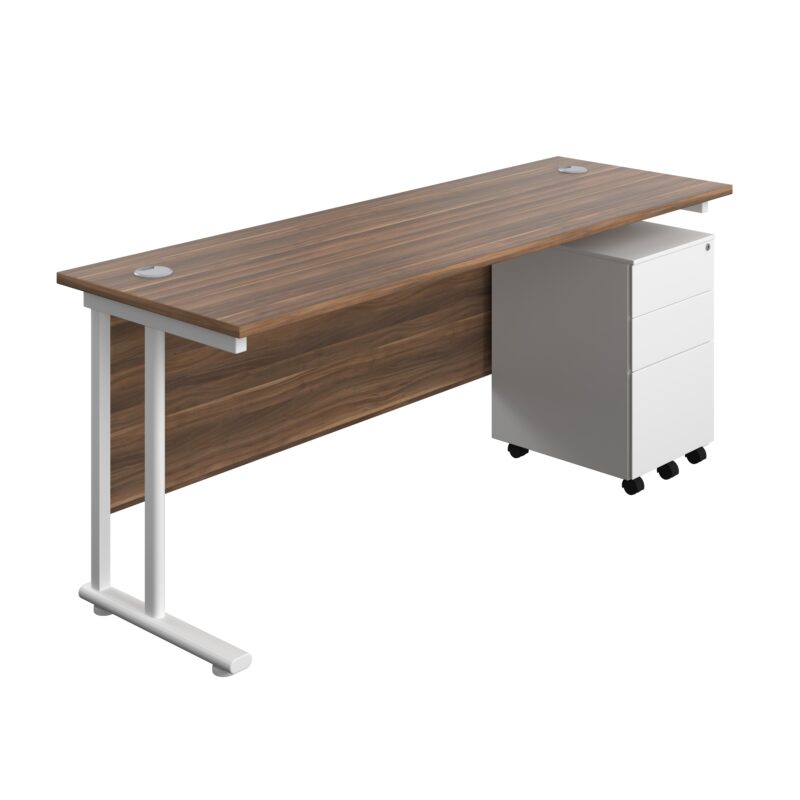 Twin Upright Rectangular Desk + Under Desk Steel Pedestal 3 Drawers | 1800X600 | Dark Walnut/White