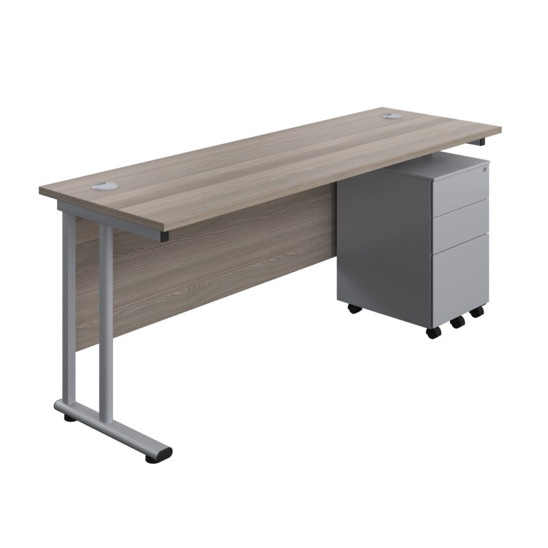 Twin Upright Rectangular Desk + Under Desk Steel Pedestal 3 Drawers | 1800X600 | Grey Oak/Silver