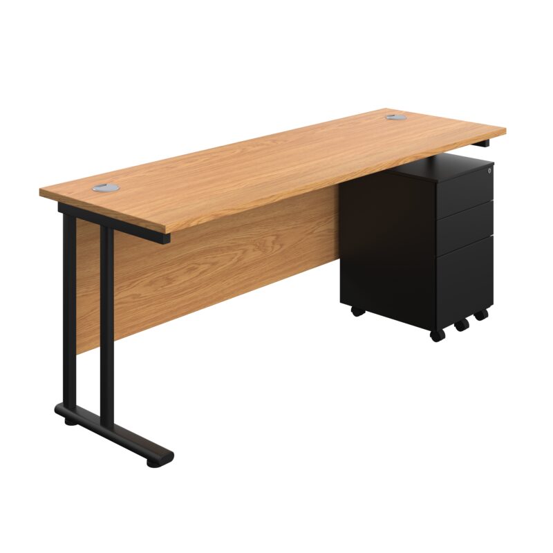 Twin Upright Rectangular Desk + Under Desk Steel Pedestal 3 Drawers | 1800X600 | Nova Oak/Black