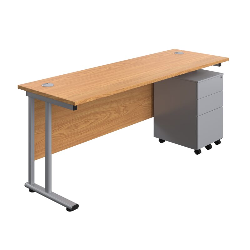 Twin Upright Rectangular Desk + Under Desk Steel Pedestal 3 Drawers | 1800X600 | Nova Oak/Silver