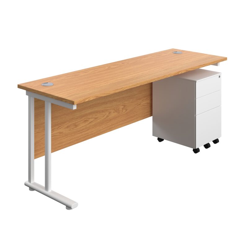 Twin Upright Rectangular Desk + Under Desk Steel Pedestal 3 Drawers | 1800X600 | Nova Oak/White