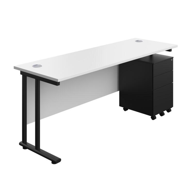 Twin Upright Rectangular Desk + Under Desk Steel Pedestal 3 Drawers | 1800X600 | White/Black