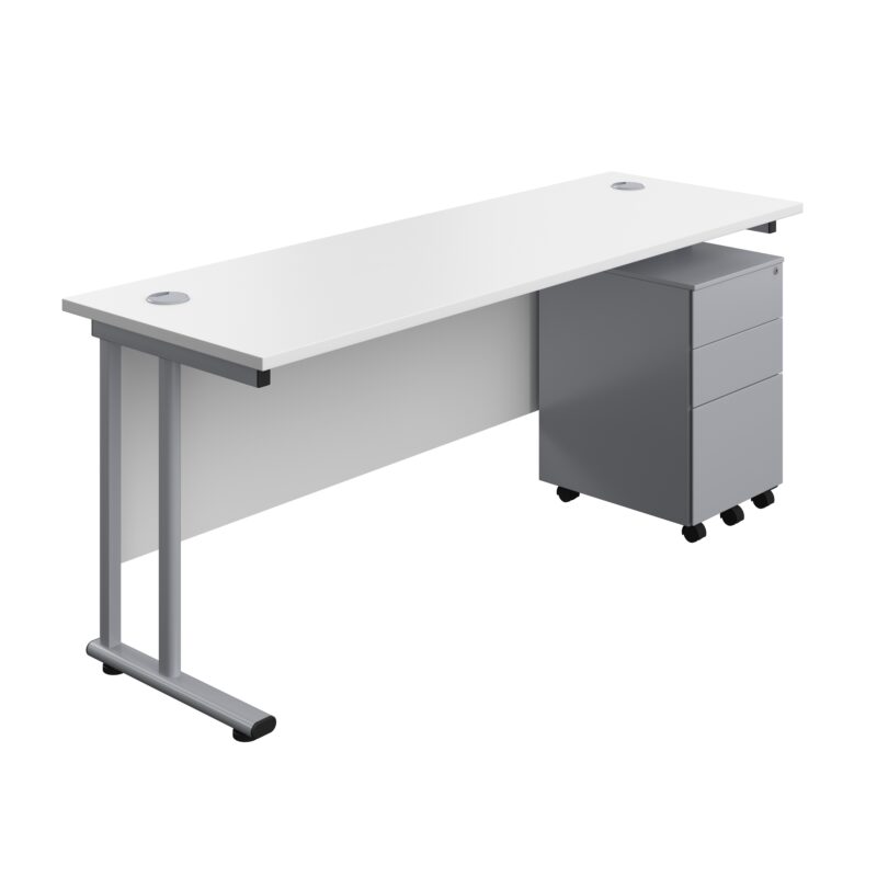 Twin Upright Rectangular Desk + Under Desk Steel Pedestal 3 Drawers | 1800X600 | White/Silver