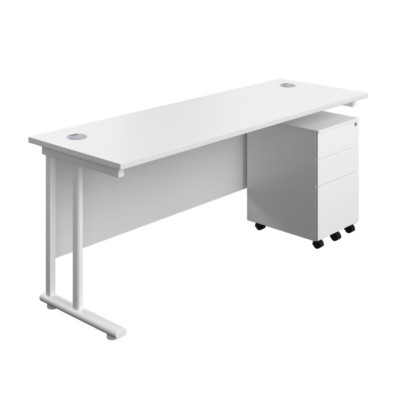 Twin Upright Rectangular Desk + Under Desk Steel Pedestal 3 Drawers | 1800X600 | White/White