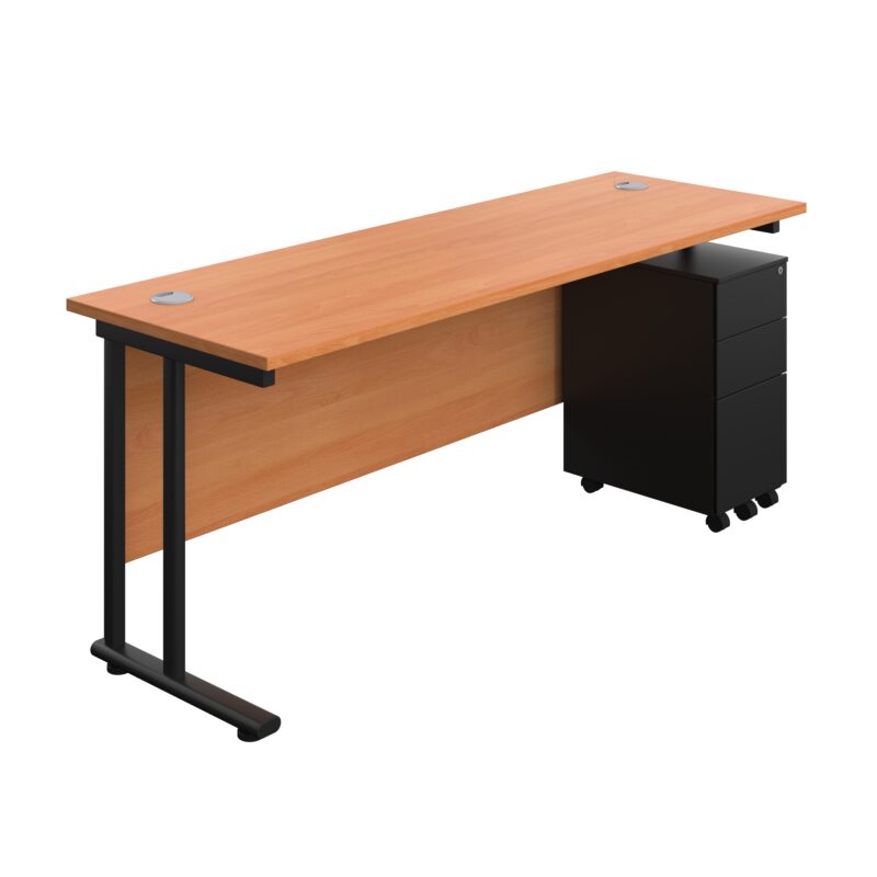 Twin Upright Rectangular Desk + Slimline Steel Pedestal 3 Drawers | 1800X600 | Beech/Black