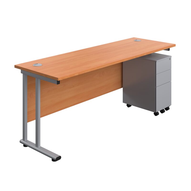 Twin Upright Rectangular Desk + Slimline Steel Pedestal 3 Drawers | 1800X600 | Beech/Silver