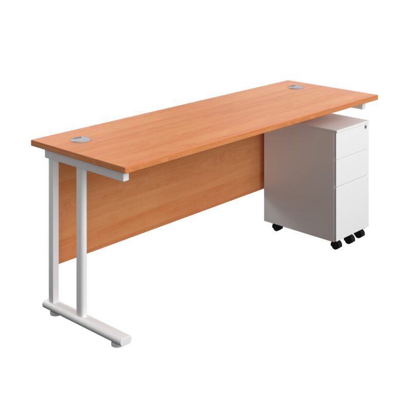 Twin Upright Rectangular Desk + Slimline Steel Pedestal 3 Drawers | 1800X600 | Beech/White