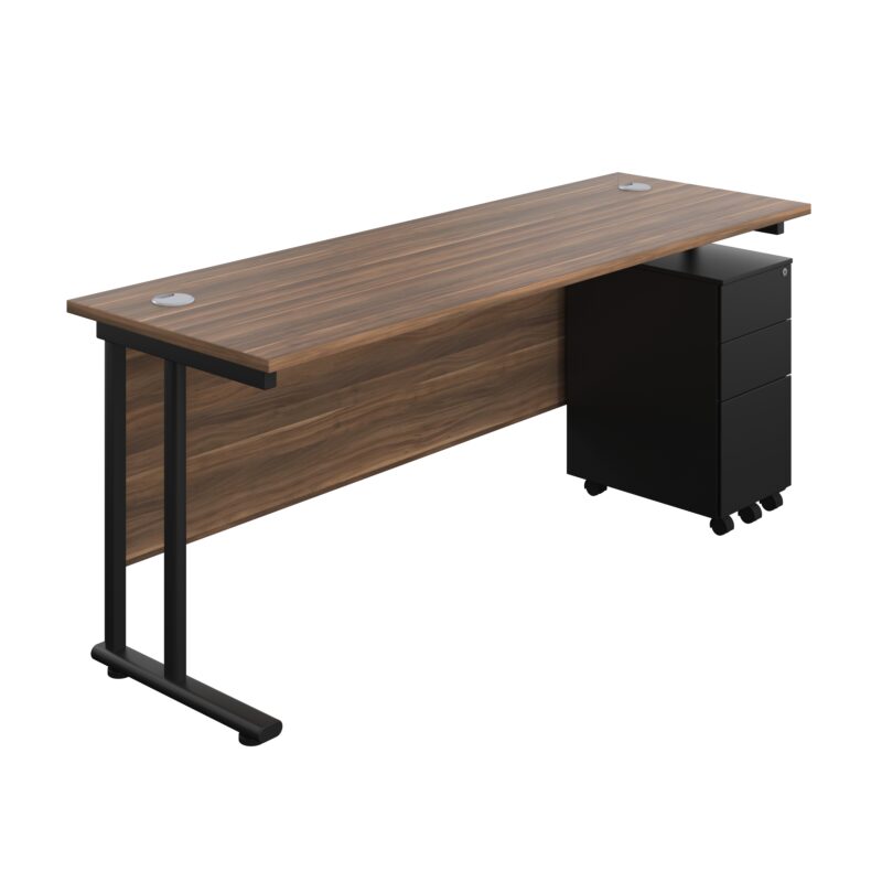 Twin Upright Rectangular Desk + Slimline Steel Pedestal 3 Drawers | 1800X600 | Dark Walnut/Black