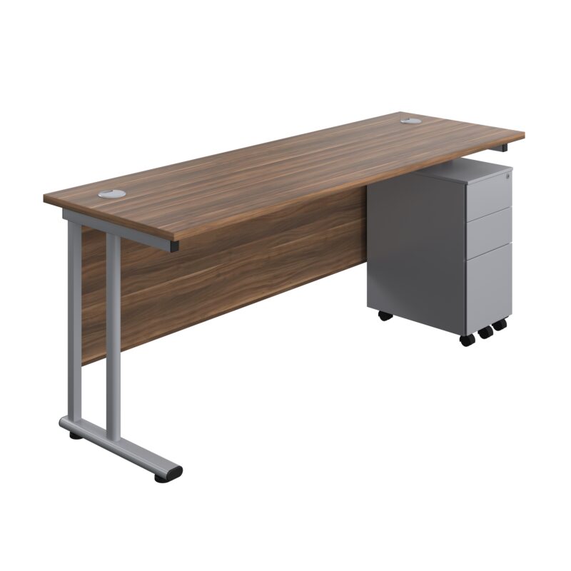 Twin Upright Rectangular Desk + Slimline Steel Pedestal 3 Drawers | 1800X600 | Dark Walnut/Silver