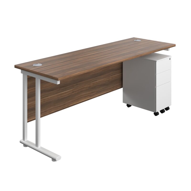 Twin Upright Rectangular Desk + Slimline Steel Pedestal 3 Drawers | 1800X600 | Dark Walnut/White