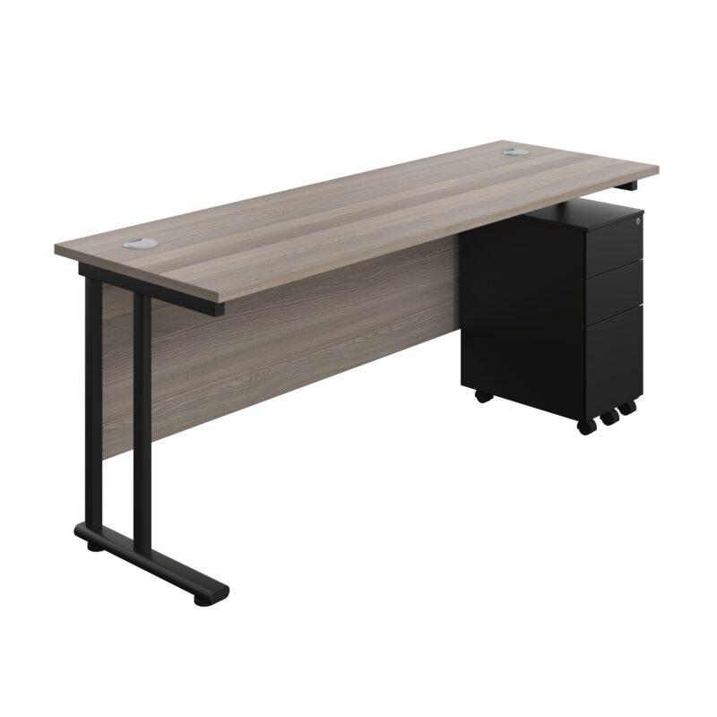 Twin Upright Rectangular Desk + Slimline Steel Pedestal 3 Drawers | 1800X600 | Grey Oak/Black