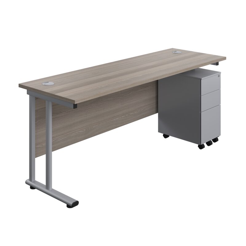 Twin Upright Rectangular Desk + Slimline Steel Pedestal 3 Drawers | 1800X600 | Grey Oak/Silver