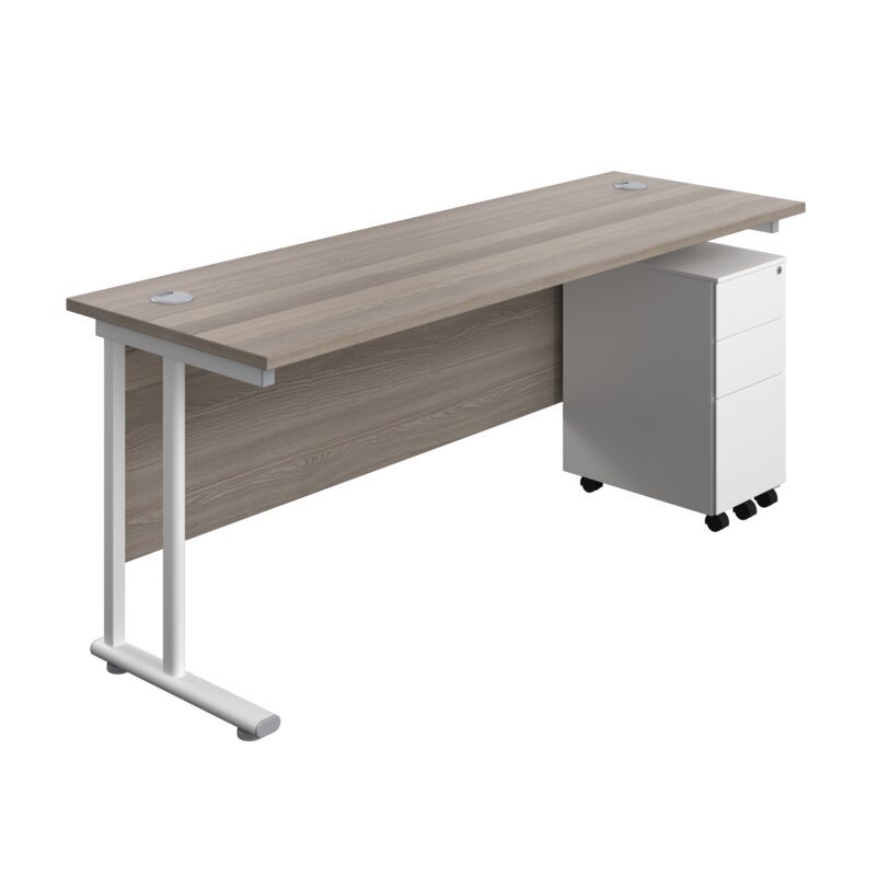 Twin Upright Rectangular Desk + Slimline Steel Pedestal 3 Drawers | 1800X600 | Grey Oak/White