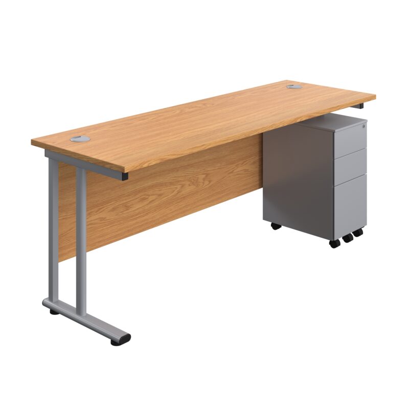 Twin Upright Rectangular Desk + Slimline Steel Pedestal 3 Drawers | 1800X600 | Nova Oak/Silver