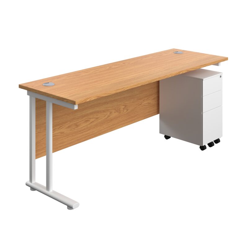 Twin Upright Rectangular Desk + Slimline Steel Pedestal 3 Drawers | 1800X600 | Nova Oak/White