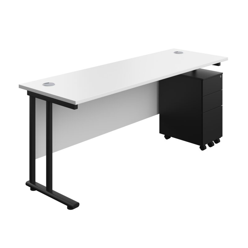 Twin Upright Rectangular Desk + Slimline Steel Pedestal 3 Drawers | 1800X600 | White/Black