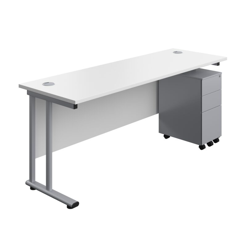 Twin Upright Rectangular Desk + Slimline Steel Pedestal 3 Drawers | 1800X600 | White/Silver