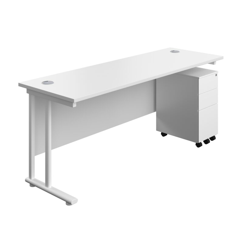 Twin Upright Rectangular Desk + Slimline Steel Pedestal 3 Drawers | 1800X600 | White/White