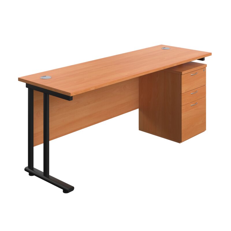 Twin Upright Rectangular Desk + High Mobile Pedestal 3 Drawer | 1800X600 | Beech/Black