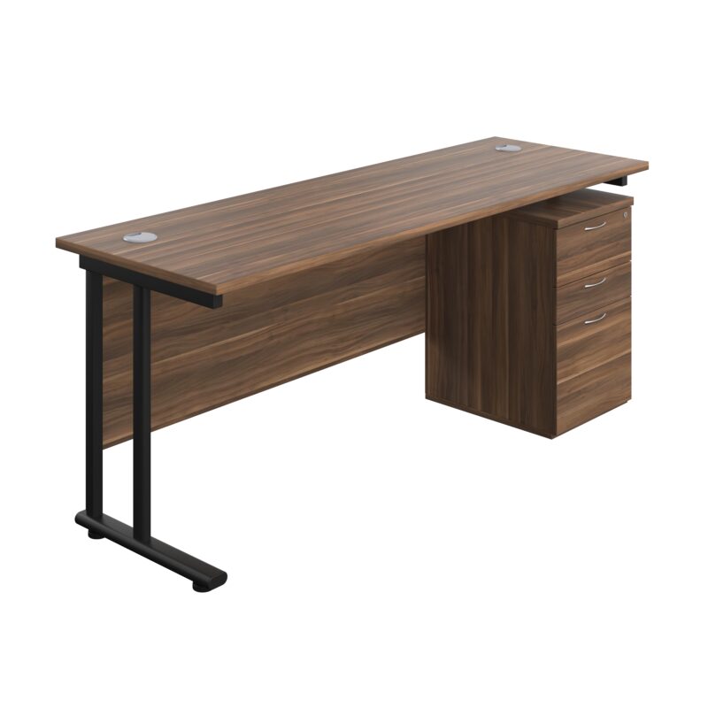 Twin Upright Rectangular Desk + High Mobile Pedestal 3 Drawer | 1800X600 | Dark Walnut/Black