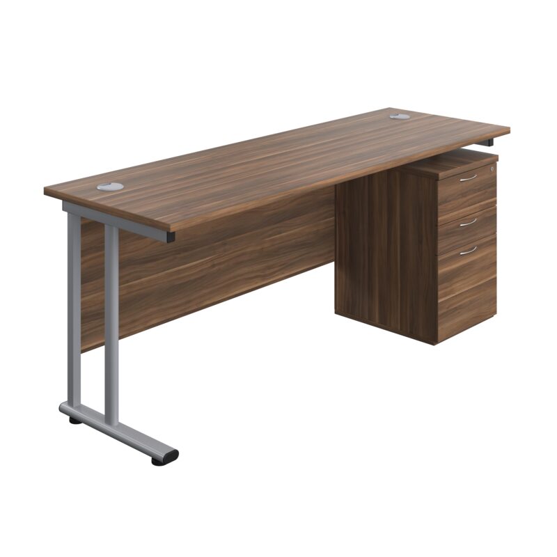 Twin Upright Rectangular Desk + High Mobile Pedestal 3 Drawer | 1800X600 | Dark Walnut/Silver