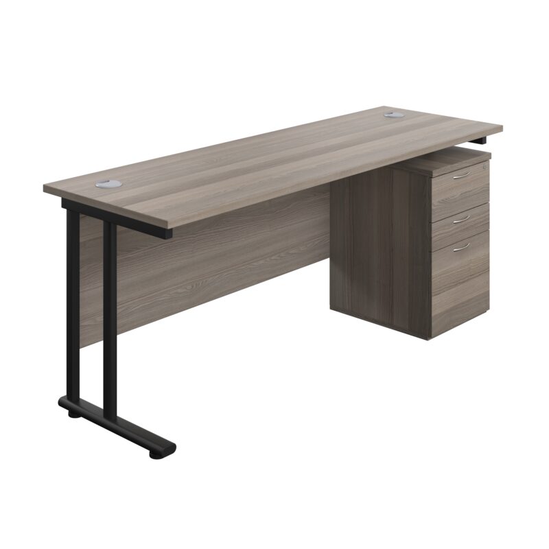 Twin Upright Rectangular Desk + High Mobile Pedestal 3 Drawer | 1800X600 | Grey Oak/Black