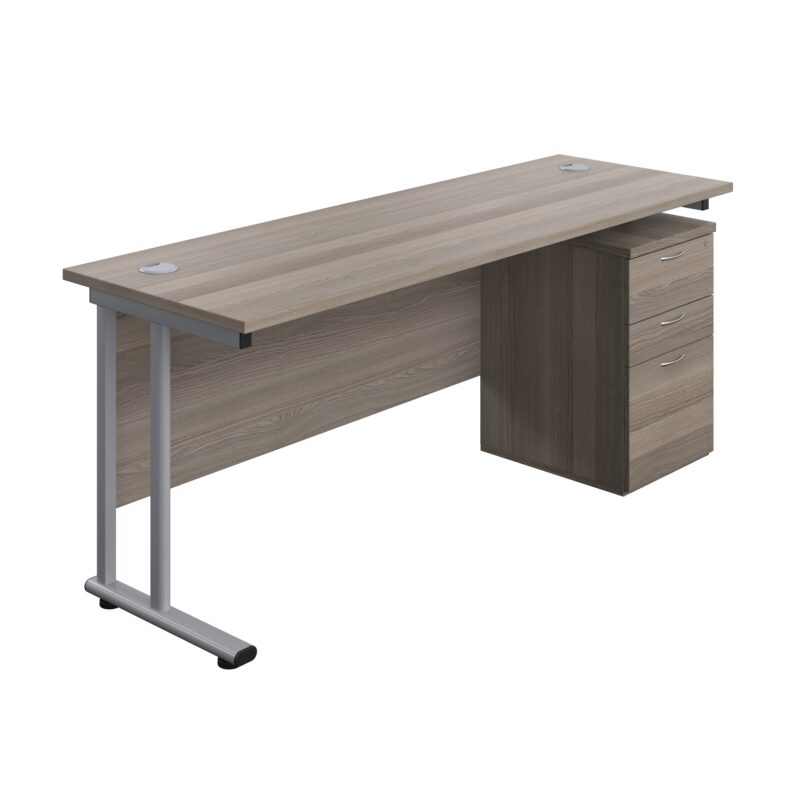 Twin Upright Rectangular Desk + High Mobile Pedestal 3 Drawer | 1800X600 | Grey Oak/Silver