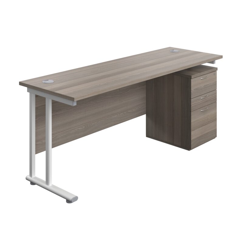 Twin Upright Rectangular Desk + High Mobile Pedestal 3 Drawer | 1800X600 | Grey Oak/White