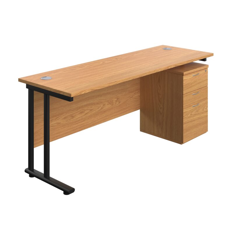 Twin Upright Rectangular Desk + High Mobile Pedestal 3 Drawer | 1800X600 | Nova Oak/Black