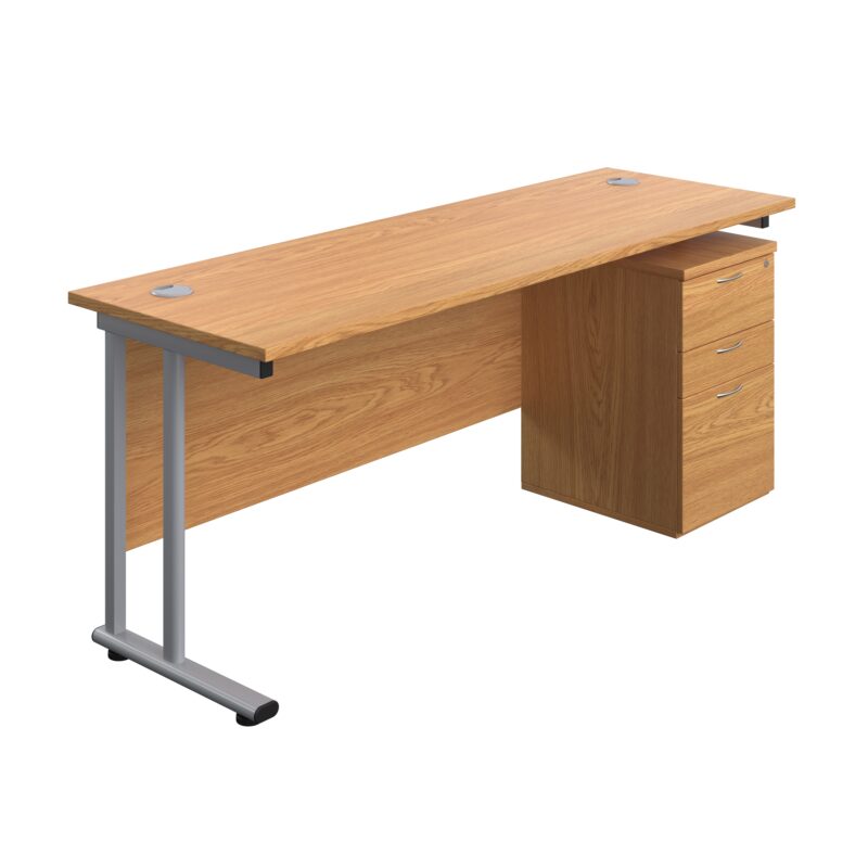 Twin Upright Rectangular Desk + High Mobile Pedestal 3 Drawer | 1800X600 | Nova Oak/Silver