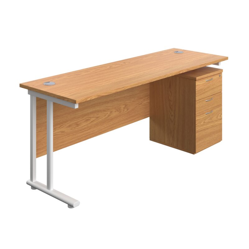 Twin Upright Rectangular Desk + High Mobile Pedestal 3 Drawer | 1800X600 | Nova Oak/White