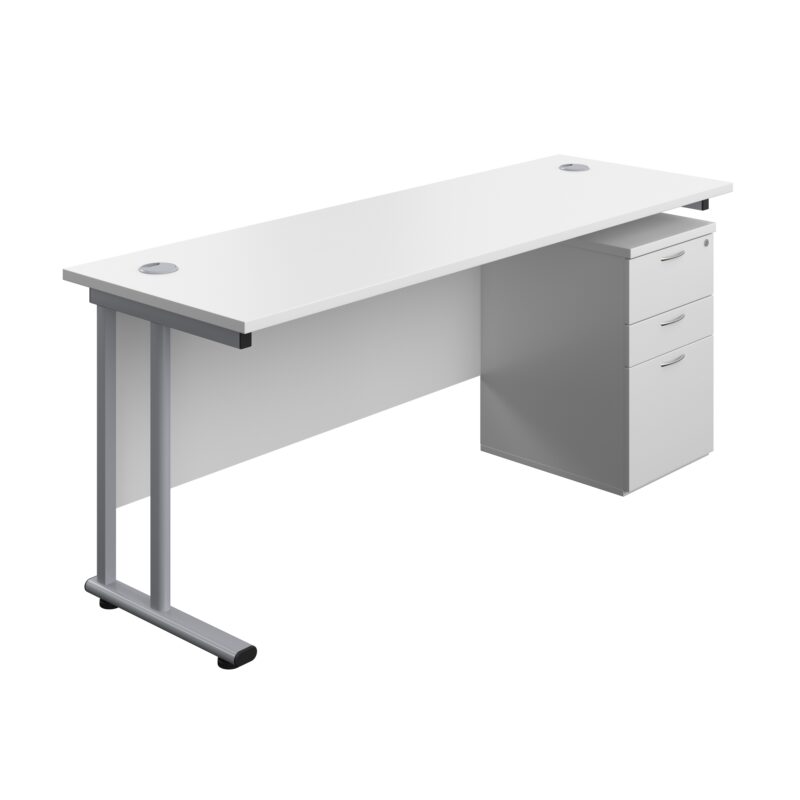 Twin Upright Rectangular Desk + High Mobile Pedestal 3 Drawer | 1800X600 | White/Silver