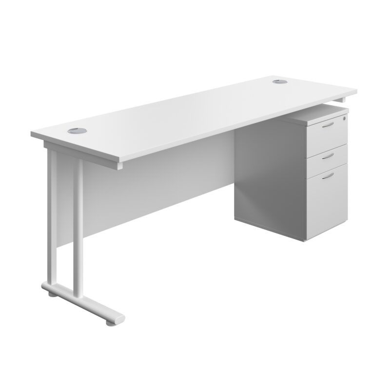 Twin Upright Rectangular Desk + High Mobile Pedestal 3 Drawer | 1800X600 | White/White