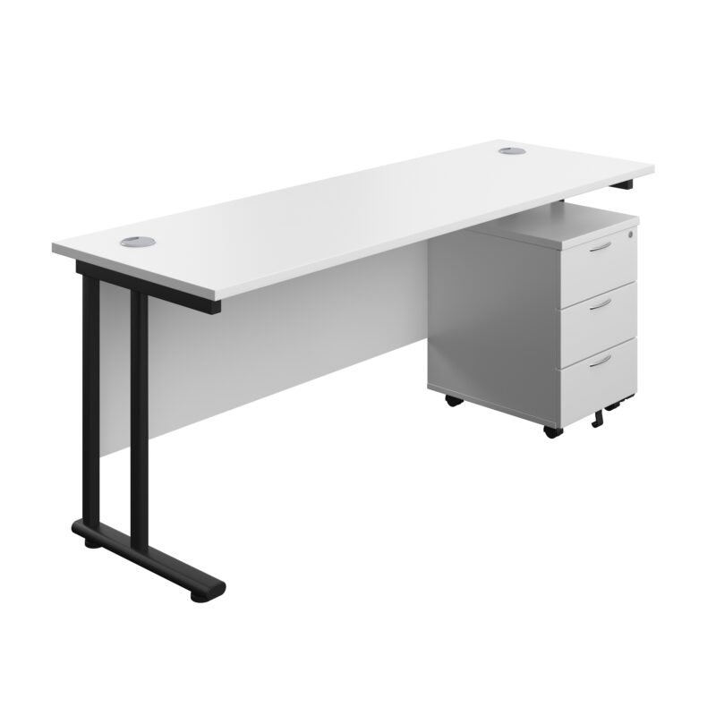 Twin Upright Rectangular Desk + Mobile 3 Drawer Pedestal | 1800X600 | White/Black