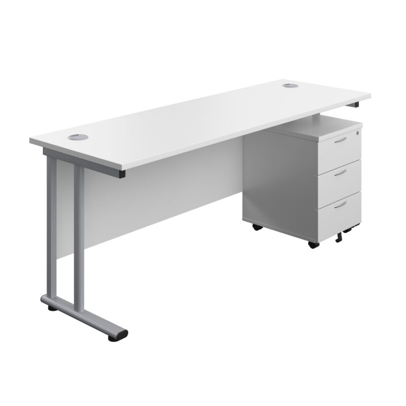 Twin Upright Rectangular Desk + Mobile 3 Drawer Pedestal | 1800X600 | White/Silver